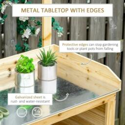 Rackhams Garden Potting Bench Table, Wooden Workstation Bench w/ Galvanized Metal Tabletop, Storage Shelves and Hooks, Natural - thumbnail 4