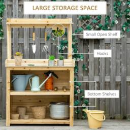 Rackhams Garden Potting Bench Table, Wooden Workstation Bench w/ Galvanized Metal Tabletop, Storage Shelves and Hooks, Natural - thumbnail 5