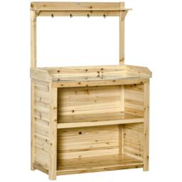 Rackhams Garden Potting Bench Table, Wooden Workstation Bench w/ Galvanized Metal Tabletop, Storage Shelves and Hooks, Natural - thumbnail 1