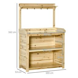 Rackhams Garden Potting Bench Table, Wooden Workstation Bench w/ Galvanized Metal Tabletop, Storage Shelves and Hooks, Natural - thumbnail 3