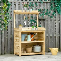 Rackhams Garden Potting Bench Table, Wooden Workstation Bench w/ Galvanized Metal Tabletop, Storage Shelves and Hooks, Natural - thumbnail 2