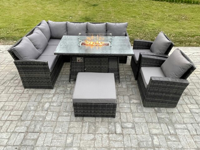 Rackhams 9-Seater Rattan Corner Sofa Dining Set - Outdoor Gas Fire Pit Table & Heater, Armchair, Footstool - Dark Grey - image 1
