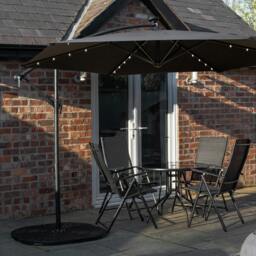 Rackhams Outdoor 4 Person Round Glass Top Garden Dining Table Chairs With Black Banana Lit Parasol and Base Set - thumbnail 1