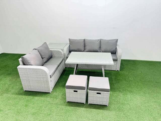 Rackhams Outdoor PE Rattan Garden Furniture Set Rectangular Dining Table Sofa Set with 2 Small Stool Side Table Light Grey - image 1