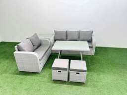 Rackhams Outdoor PE Rattan Garden Furniture Set Rectangular Dining Table Sofa Set with 2 Small Stool Side Table Light Grey - thumbnail 1