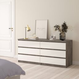 Rackhams Naia Wide Chest of 6 Drawers (3+3) in Concrete and White High Gloss - Grey & White - High Gloss - Melamine - thumbnail 5