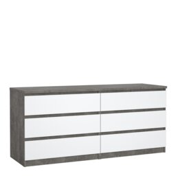 Rackhams Naia Wide Chest of 6 Drawers (3+3) in Concrete and White High Gloss - Grey & White - High Gloss - Melamine