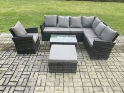 Rackhams 8 Seater High Back Outdoor Garden Furniture Set Rattan Corner Sofa Set With Rectangular Coffee Table Big Footstool Armchair Dark Grey Mixed - thumbnail 1