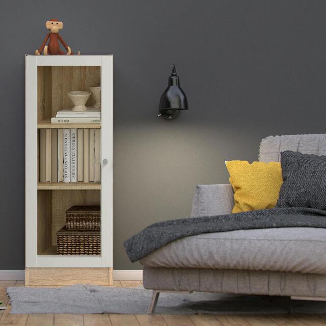 Rackhams Basic Low Narrow Display Cabinet In Oak (2 Shelves) with Glass White Door - Matt - Oak & White - W 40.6 X H 107.2 X D 26.7cm - image 1