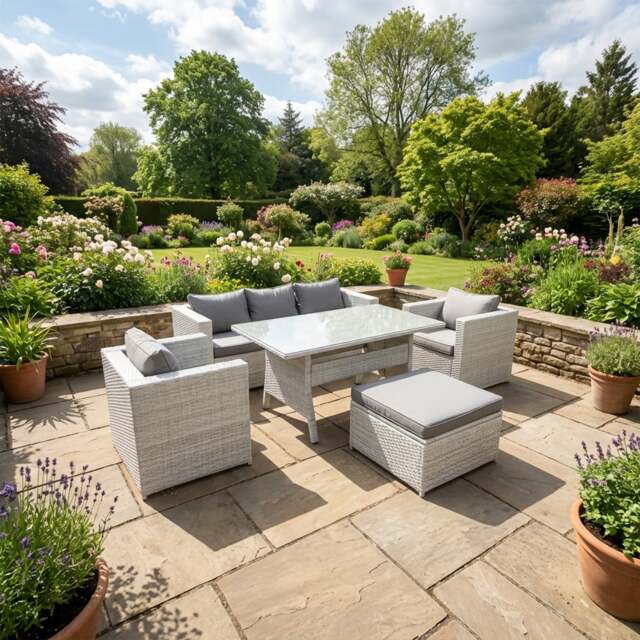 Rackhams 5 Seater Rattan Outdoor Furniture Set with Sofa, Dining Table, 2 Chairs, Large Footstool - Light Grey - image 1