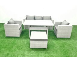 Rackhams 5 Seater Rattan Outdoor Furniture Set with Sofa, Dining Table, 2 Chairs, Large Footstool - Light Grey - thumbnail 2