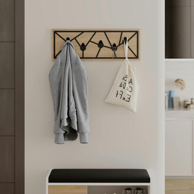 Rackhams Modern Trace Wall-Mounted Oak Hanger with 5 Metal Hooks Entryway, Hallway Bedroom Coat Rack 74.6(W)x1.80(D)x26.6(H)cm - Oak - image 1