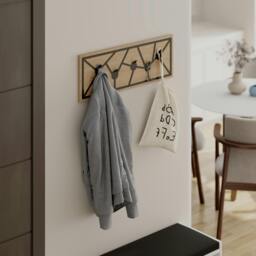 Rackhams Modern Trace Wall-Mounted Oak Hanger with 5 Metal Hooks Entryway, Hallway Bedroom Coat Rack 74.6(W)x1.80(D)x26.6(H)cm - Oak - thumbnail 5