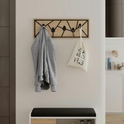 Rackhams Modern Trace Wall-Mounted Oak Hanger with 5 Metal Hooks Entryway, Hallway Bedroom Coat Rack 74.6(W)x1.80(D)x26.6(H)cm - Oak