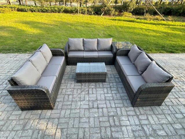 Rackhams Rattan Lounge Sofa Set 9 Seater Outdoor Garden Furniture Set with Rectangular Coffee Table 3 Seater Sofa Side Table Dark Grey Mixed - image 1