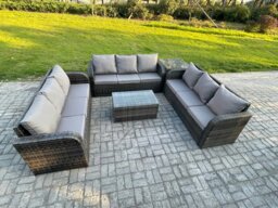 Rackhams Rattan Lounge Sofa Set 9 Seater Outdoor Garden Furniture Set with Rectangular Coffee Table 3 Seater Sofa Side Table Dark Grey Mixed - thumbnail 2