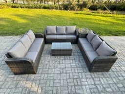 Rackhams Rattan Lounge Sofa Set 9 Seater Outdoor Garden Furniture Set with Rectangular Coffee Table 3 Seater Sofa Side Table Dark Grey Mixed - thumbnail 1