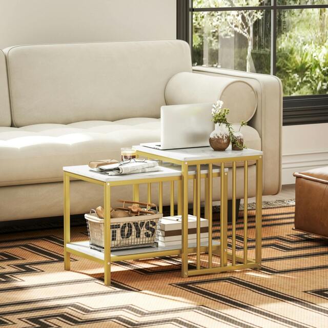 Rackhams Modern Coffee Table Set of Two w/ Steel Frame Marble-Effect Gold Tone - image 1