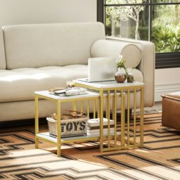 Rackhams Modern Coffee Table Set of Two w/ Steel Frame Marble-Effect Gold Tone - Gold Tone