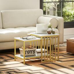Rackhams Modern Coffee Table Set of Two w/ Steel Frame Marble-Effect Gold Tone - thumbnail 1