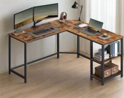 Rackhams Rustic Brown & Black L-Shaped Computer Desk with Storage Shelves – 138x138 cm