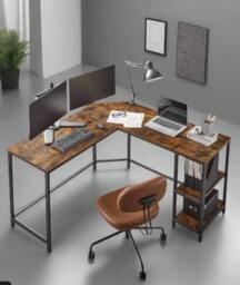 Rackhams Rustic Brown & Black L-Shaped Computer Desk with Storage Shelves – 138x138 cm - thumbnail 6
