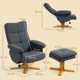 Rackhams Linen Recliner Chair and Footstool Wooden Base Grey - Grey - Wooden - Grey - thumbnail 4
