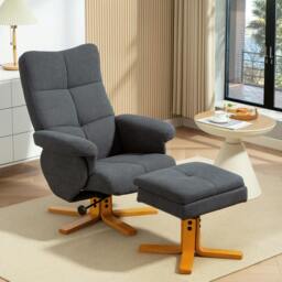 Rackhams Linen Recliner Chair and Footstool Wooden Base Grey - Grey - Wooden - Grey