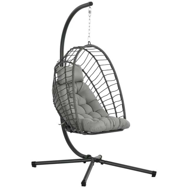 Rackhams Outdoor PE Rattan Swing Chair with Foldable Basket and Cushion, Garden Patio Hanging Egg Chair with Metal Stand, Headrest, Light Grey - image 1