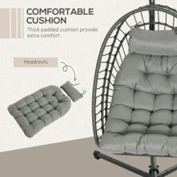 Rackhams Outdoor PE Rattan Swing Chair with Foldable Basket and Cushion, Garden Patio Hanging Egg Chair with Metal Stand, Headrest, Light Grey - thumbnail 6