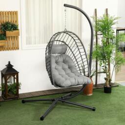 Rackhams Outdoor PE Rattan Swing Chair with Foldable Basket and Cushion, Garden Patio Hanging Egg Chair with Metal Stand, Headrest, Light Grey - thumbnail 2