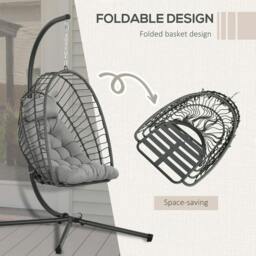 Rackhams Outdoor PE Rattan Swing Chair with Foldable Basket and Cushion, Garden Patio Hanging Egg Chair with Metal Stand, Headrest, Light Grey - thumbnail 4