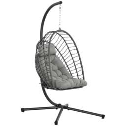 Rackhams Outdoor PE Rattan Swing Chair with Foldable Basket and Cushion, Garden Patio Hanging Egg Chair with Metal Stand, Headrest, Light Grey - thumbnail 1