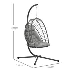 Rackhams Outdoor PE Rattan Swing Chair with Foldable Basket and Cushion, Garden Patio Hanging Egg Chair with Metal Stand, Headrest, Light Grey - thumbnail 3