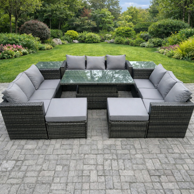 Rackhams 11 Seater PE Rattan Outdoor Sofa Set with Rising Dining Table, 2 Side Tables, 2 Footstools - Dark Grey - image 1