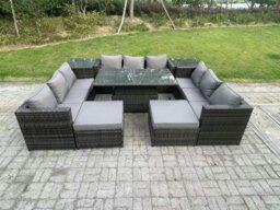 Rackhams 11 Seater PE Rattan Outdoor Sofa Set with Rising Dining Table, 2 Side Tables, 2 Footstools - Dark Grey - thumbnail 2