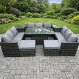 Rackhams 11 Seater PE Rattan Outdoor Sofa Set with Rising Dining Table, 2 Side Tables, 2 Footstools - Dark Grey - thumbnail 1