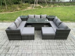 Rackhams 11 Seater PE Rattan Outdoor Sofa Set with Rising Dining Table, 2 Side Tables, 2 Footstools - Dark Grey - thumbnail 3
