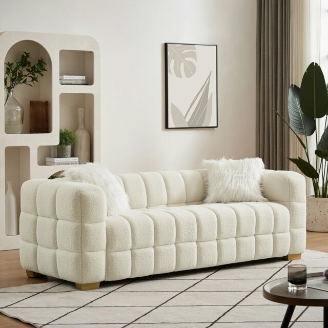 Rackhams Teddy Fleece 3 Seater Sofa - 210cm Loveseat Couch, Upholstered Padded Modern Leisure Sofa with 2 Pillows - White - White - image 1