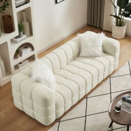 Rackhams Teddy Fleece 3 Seater Sofa - 210cm Loveseat Couch, Upholstered Padded Modern Leisure Sofa with 2 Pillows - White - White - thumbnail 3