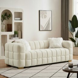 Rackhams Teddy Fleece 3 Seater Sofa - 210cm Loveseat Couch, Upholstered Padded Modern Leisure Sofa with 2 Pillows - White - White - thumbnail 1