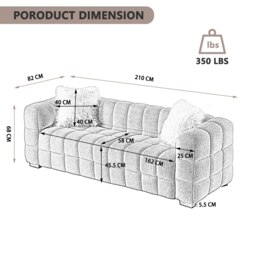 Rackhams Teddy Fleece 3 Seater Sofa - 210cm Loveseat Couch, Upholstered Padded Modern Leisure Sofa with 2 Pillows - White - White - thumbnail 2
