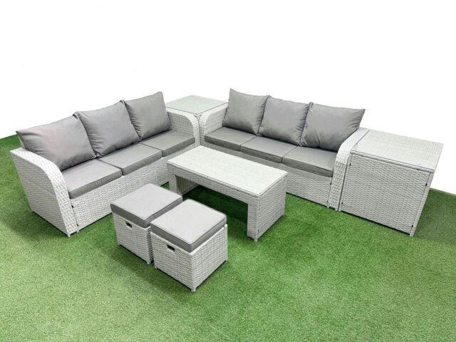 Rackhams 8 Seater Rattan Outdoor Sofa Set - Light Grey Wicker with Oblong Coffee Table, High Back Lounge Sofa & Stools - image 1