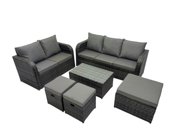 Rackhams Outdoor Love Sofa 3 Seater Sofa Coffee Table Set Garden Rattan Furniture Set 8 Seater with 3 Stools Dark Grey - image 1