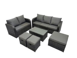 Rackhams Outdoor Love Sofa 3 Seater Sofa Coffee Table Set Garden Rattan Furniture Set 8 Seater with 3 Stools Dark Grey - thumbnail 1