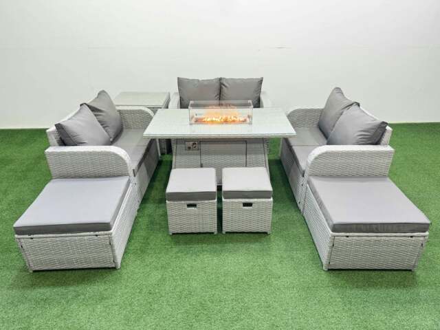 Rackhams PE Rattan Lounge Sofa Set 10 Seater Outdoor Garden Furniture Set with Gas Fire Pit Table Love Sofa 2 Big Footstools Side Table Light Grey - image 1
