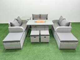 Rackhams PE Rattan Lounge Sofa Set 10 Seater Outdoor Garden Furniture Set with Gas Fire Pit Table Love Sofa 2 Big Footstools Side Table Light Grey - thumbnail 1