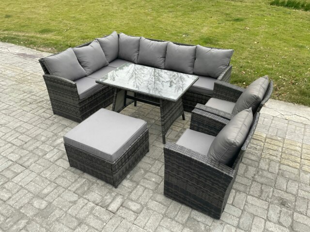 Rackhams 9 Seater Rattan Garden Furniture Sets High Back Corner Sofa Rectangular Dining Table Set with Big Footstool 2 Armchairs Dark Grey Mixed - image 1