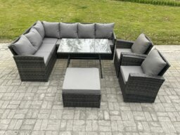 Rackhams 9 Seater Rattan Garden Furniture Sets High Back Corner Sofa Rectangular Dining Table Set with Big Footstool 2 Armchairs Dark Grey Mixed - thumbnail 2