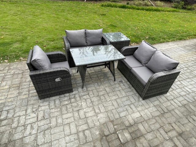 Rackhams 5 Pieces Outdoor Garden Dining Sets Rattan Furniture With Dining Table Armchairs Love Sofa Side Table Dark Grey Mixed - image 1